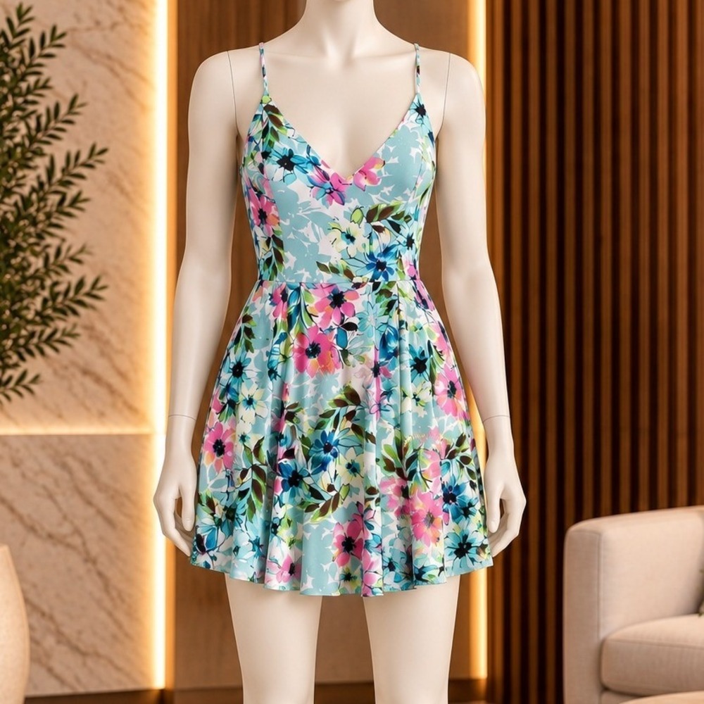 Yumi Kim Womens Silk Floral Fit and Flare Mini Dress Blue Pink Medium